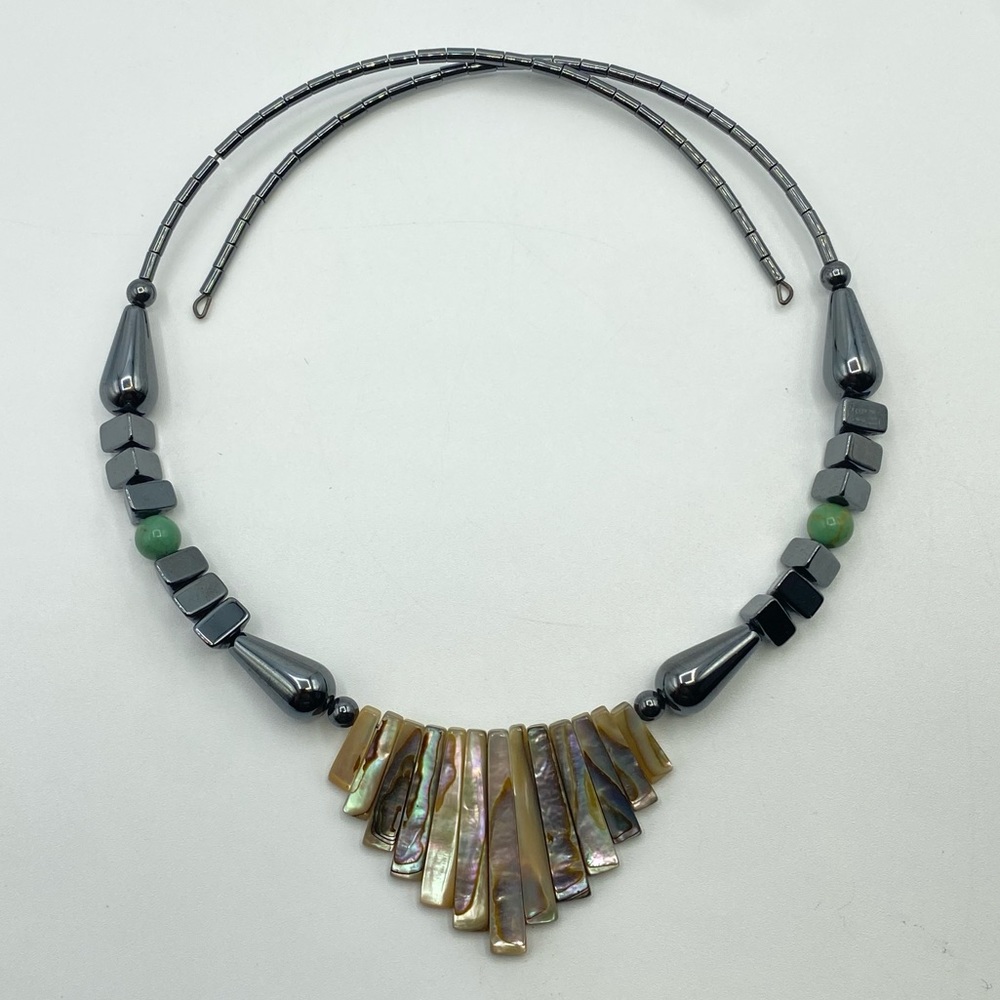 Hematite Abalone Shell Memory Wire Choker Necklac… - image 2
